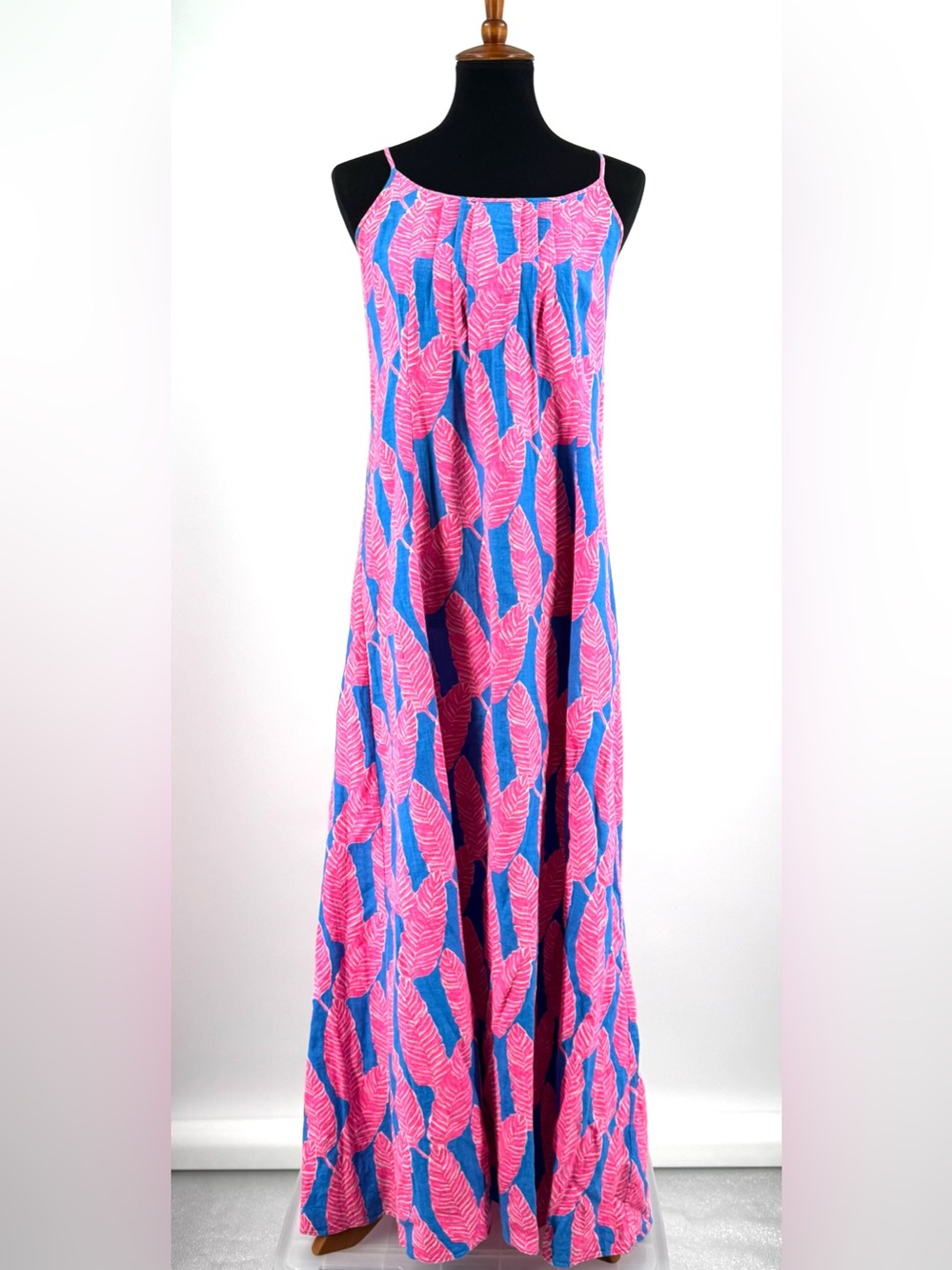 Vineyard Vines Blue Sleeveless Maxi Dress Pink Tropical Palm Leaf Print Size 6